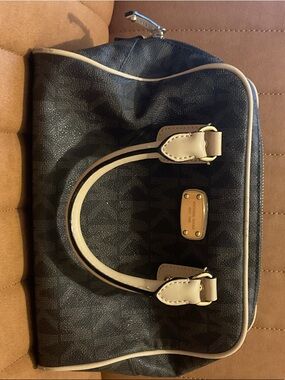 Michael Kors Black Monogram Satchel with Cream Trim and Gold Hardware